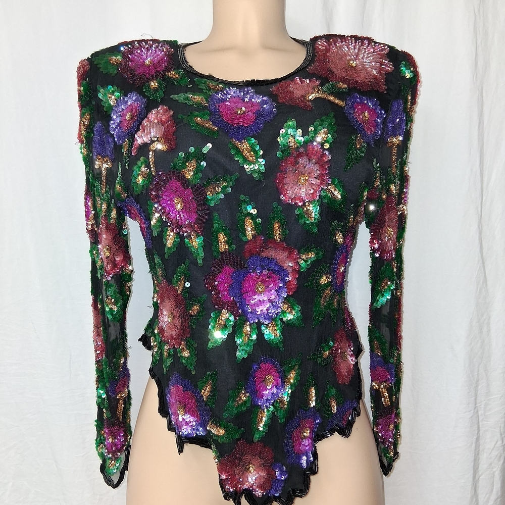 Vintage Larance Kyazer New York   Multicolor Sequin Floral Blouse  Size PXL